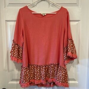 Umgee Coral and Patterned Ruffle Blouse